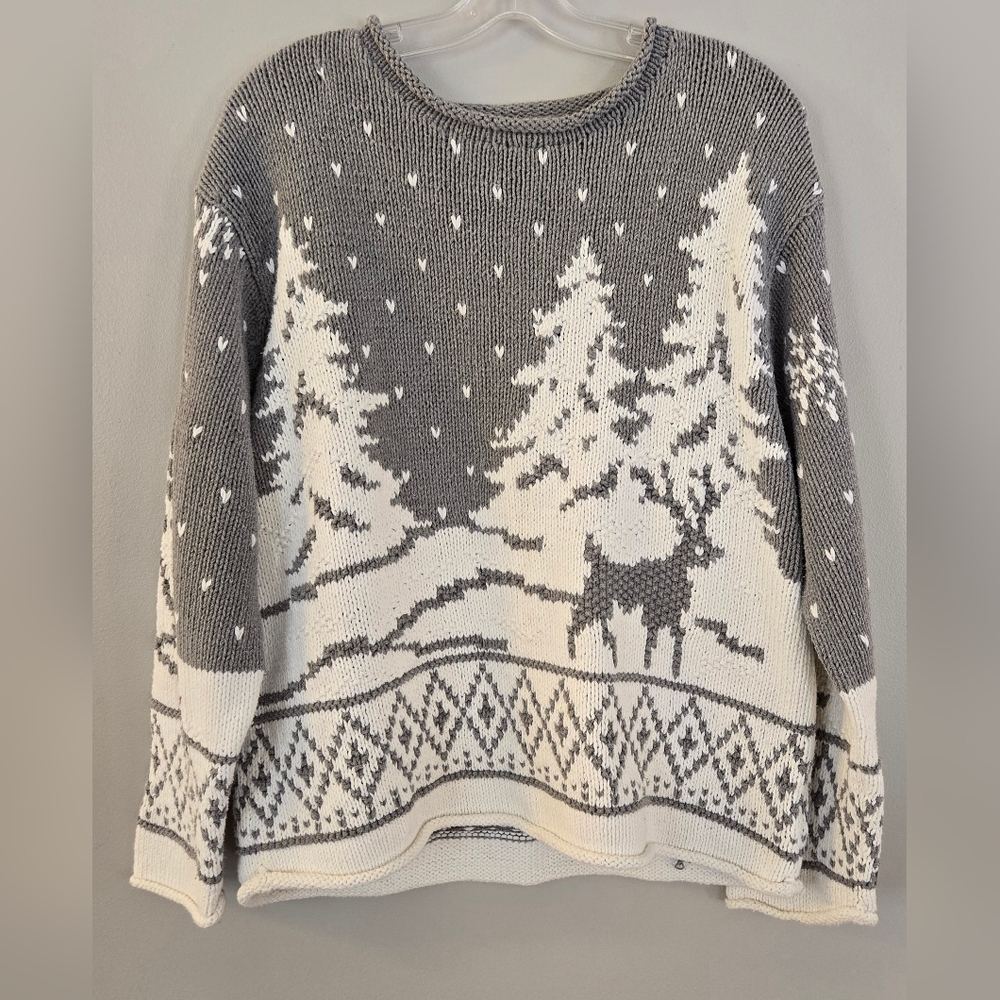 Vintage Cottage Cove Sweater Women's Size L, Long Sleeve 40% Cotton‎ Grey White